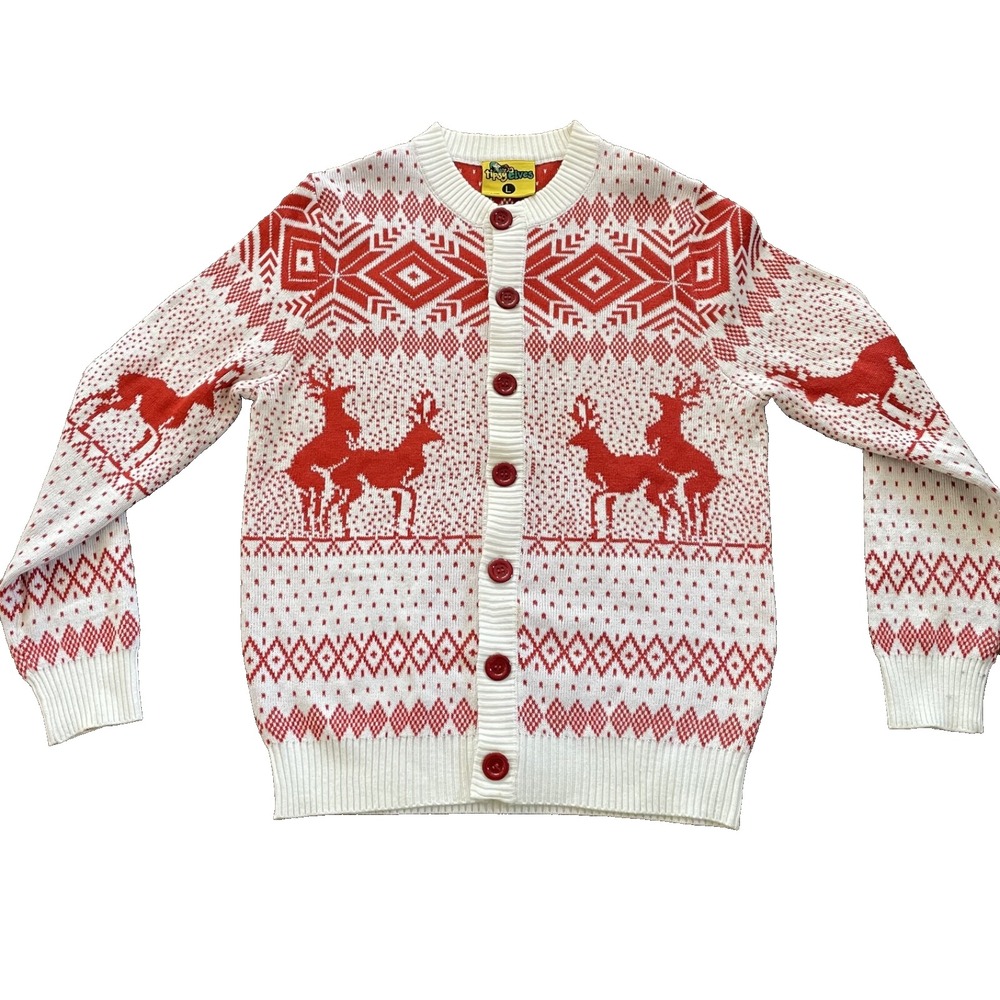 Tipsy Elves Ugly Christmas Sweater Womens Large Red White Reindeer Cardigan